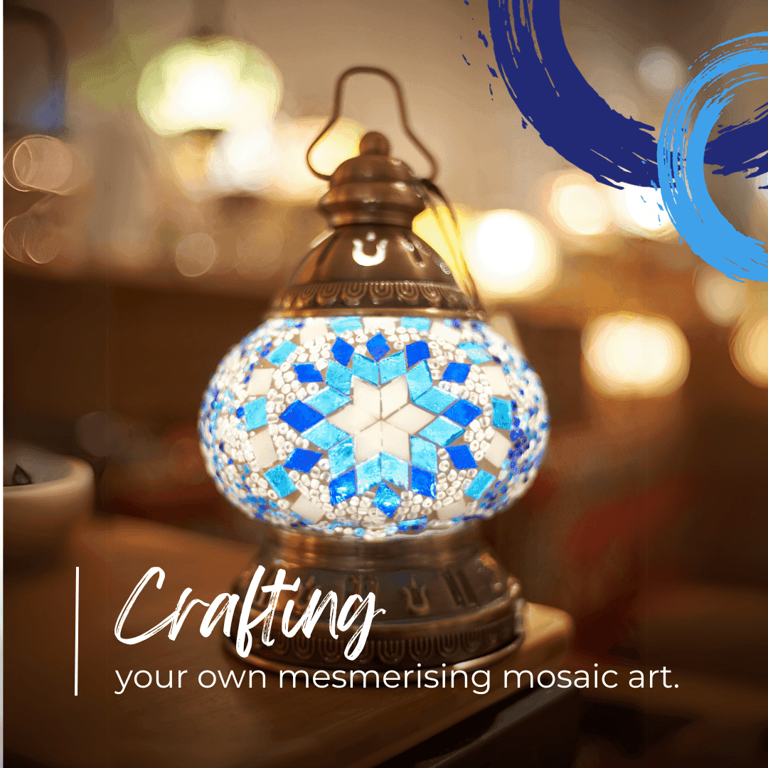 A finished handmade mosaic lamp glowing on a table